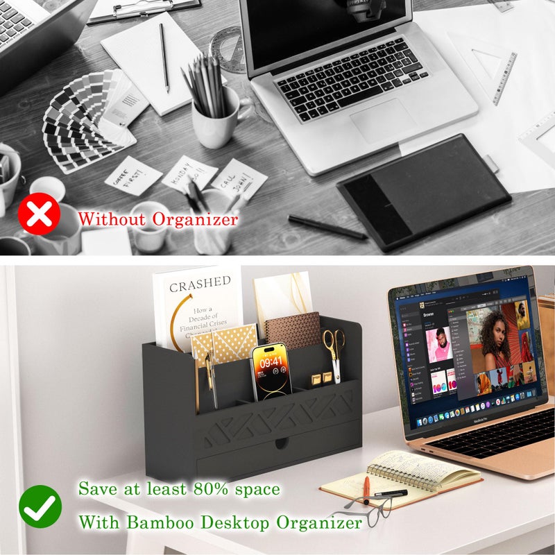 Wisuce Bamboo Mail Organizer Countertop Desktop with Drawer - Desk Organizer with File Organizer for Office Supplies All-in-One Desk File Organizer with Pencil Holder for Paper Letter Envelope Bill - Image 5